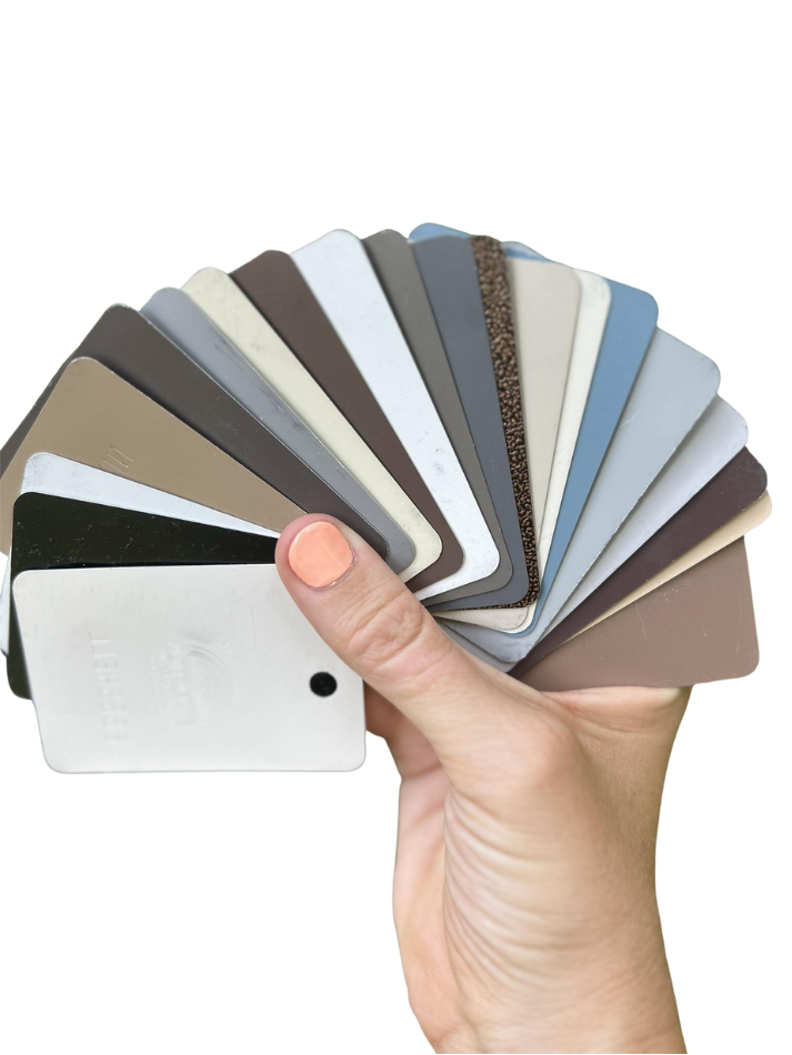 Color samples for seamless aluminum gutters offered by BC Gutters in Middle Georgia, matching home exteriors in Warner Robins, Macon, and Perry.